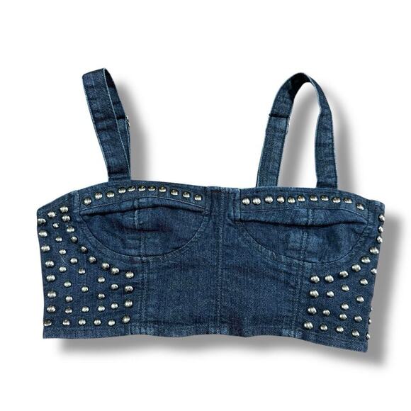 Forever 21 Studded Denim Crop Top Bustier Style Zip Back Size M Rocker Edgy Punk - Picture 1 of 6